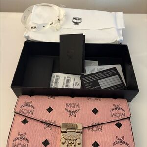 Authentic MCM Pink Crossbody Gold Chain Wallet In Visetos